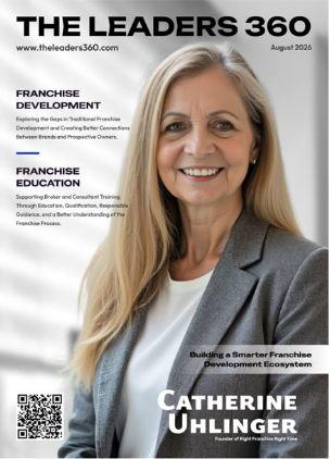The Leaders 360 magazine cover, August 2026 — Catherine Uhlinger, Building a Smarter Franchise Development Ecosystem